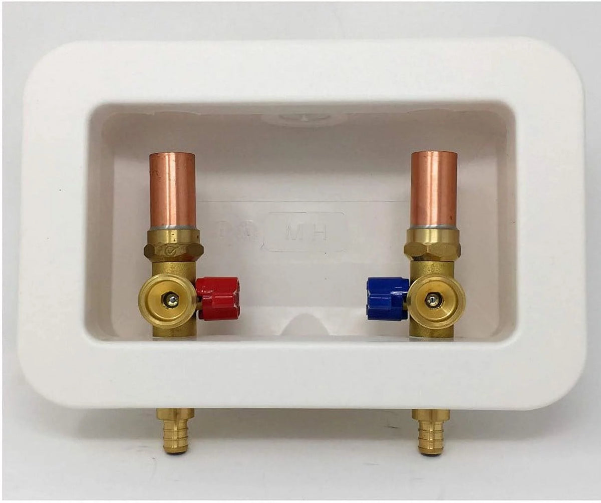 OUTLET BOX and VALVES WITH WATER HAMMER ARRESTOR 1/2 F1807 PEX x 3/4 MHT Hose Male Connector Washing Machines Assembly Kit Long Shank Lead Free Easy Shutoff Hookup with Copper Risers