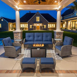 Patio Wicker Chairs Swivel Rocker – Outdoor Swivel Rocking Chairs Set of 2 with Rattan Side Table, Patio Swivel Glider Chair 3 Piece Patio Furniture Sets for Deck Porch Pool Brown/Blue